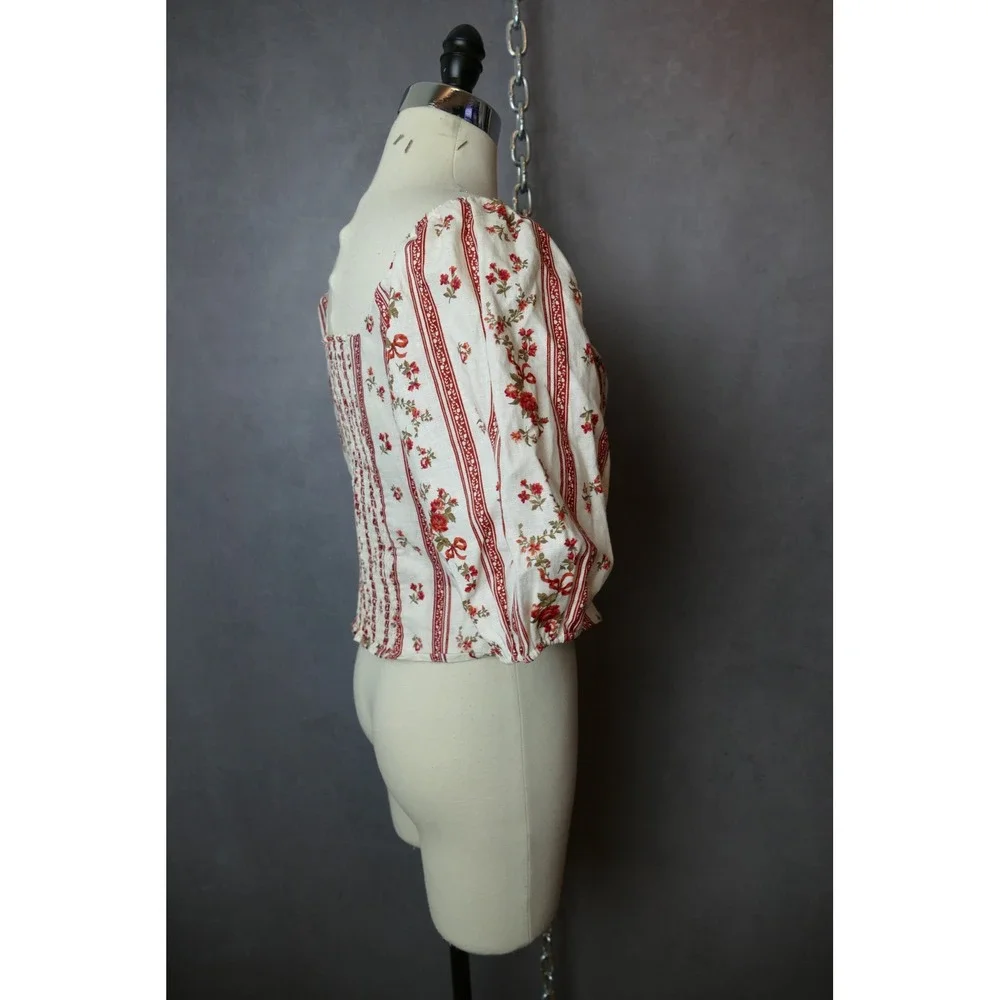 Reformation Romi Striped Floral Corset Puff Sleeve Square Neck Hook and Eye SZ 6
